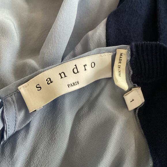 Sandro Navy Blue Tie Back Sweater Baby Blue Silk Open Back 1 S - Picture 7 of 10